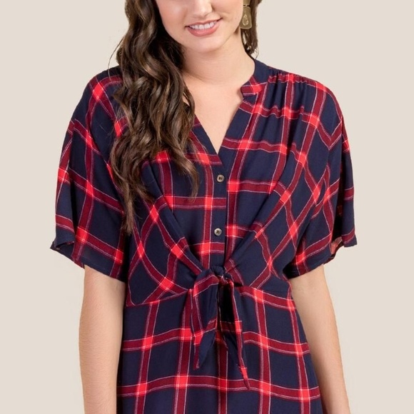 Navy Red Plaid Check Tie-Front Shirt Dress - Picture 2 of 12